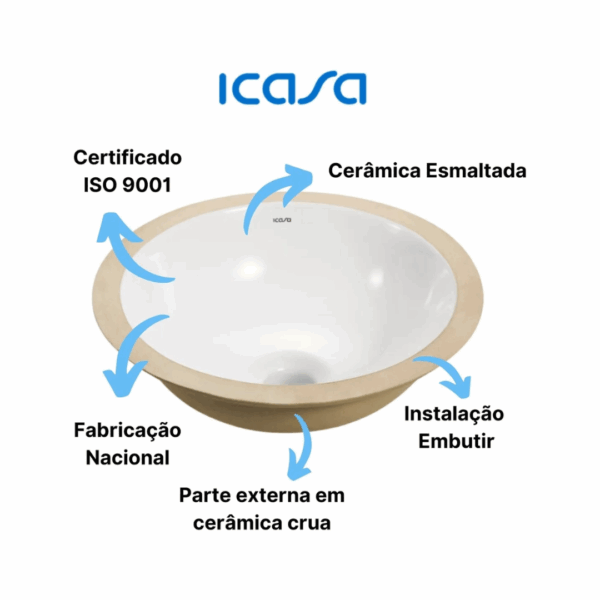 Cuba de Embutir Redonda 31cm Branca para Banheiro ICASA em Louça - Imagem 2