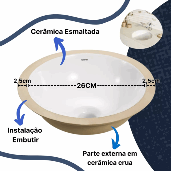Cuba de Embutir Redonda 31cm Branca para Banheiro ICASA em Louça - Imagem 3